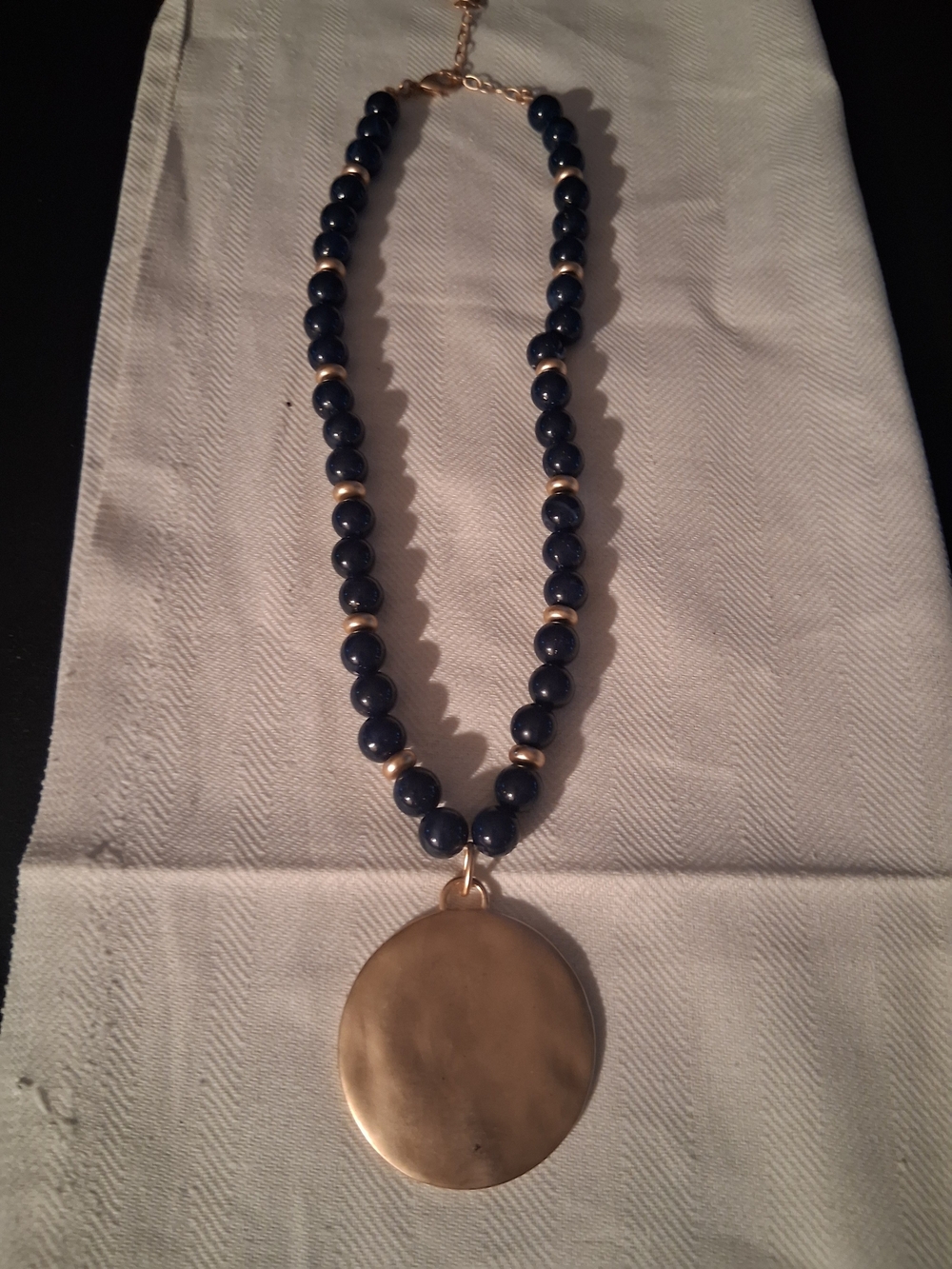 Gold Disk Pendant Necklace with Navy Beads